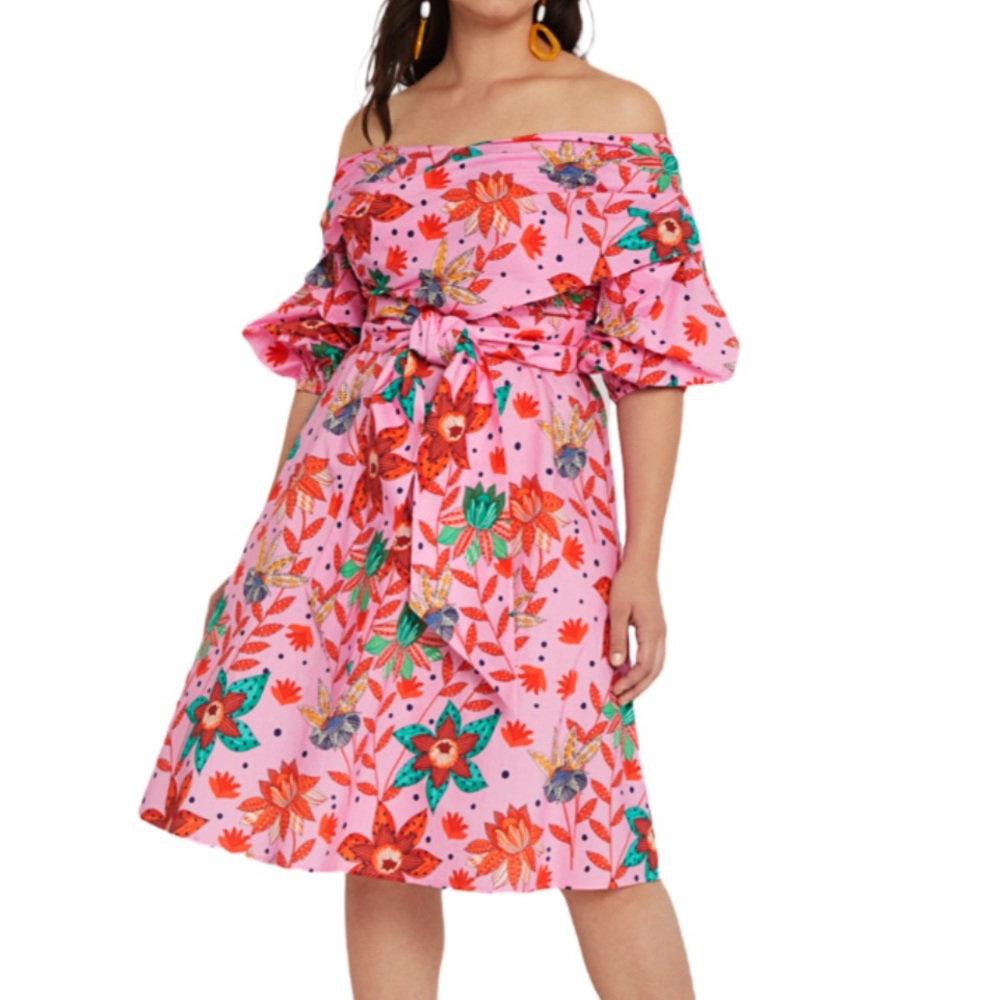 Pink Floral Off-Shoulder Tie-Waist Dress - Picture 2 of 16
